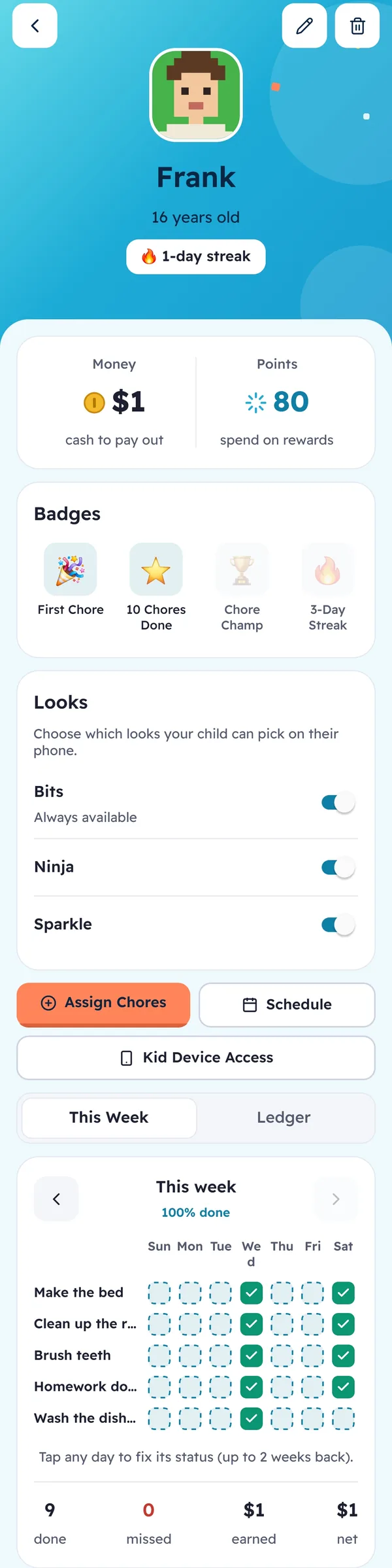 A kid profile, scrolling through money, points, badges, looks and the weekly chore grid