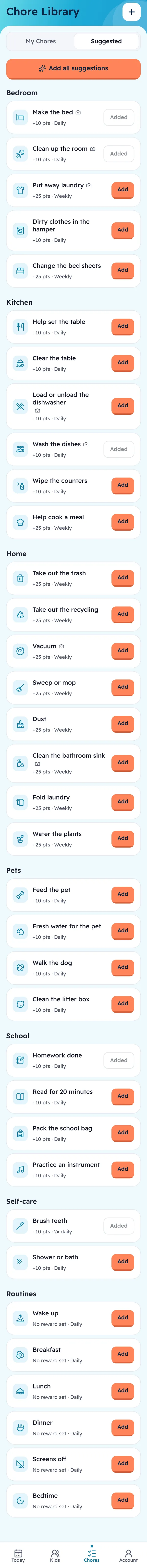 The Chore Library, scrolling through 35 suggested chores grouped into Bedroom, Kitchen, Home, Pets, School, Self-care and Routines